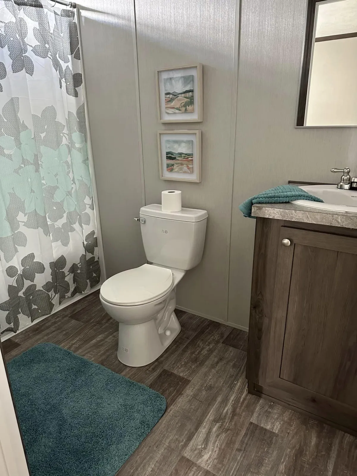 Bathroom with toilet, sink, and shower curtain