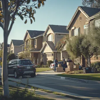 Neighborhood street with moving boxes outside a home, symbolizing temporary housing solutions for families during insurance relocations, provided by Corporate Haven.