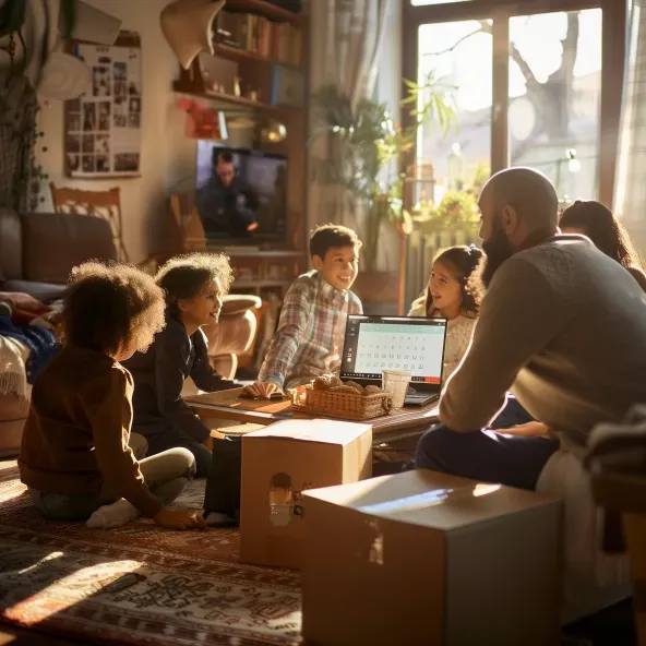 A family spending quality time together in a cozy, fully furnished living room, symbolizing the comfort and stability of Corporate Haven’s housing solutions for families in transition.