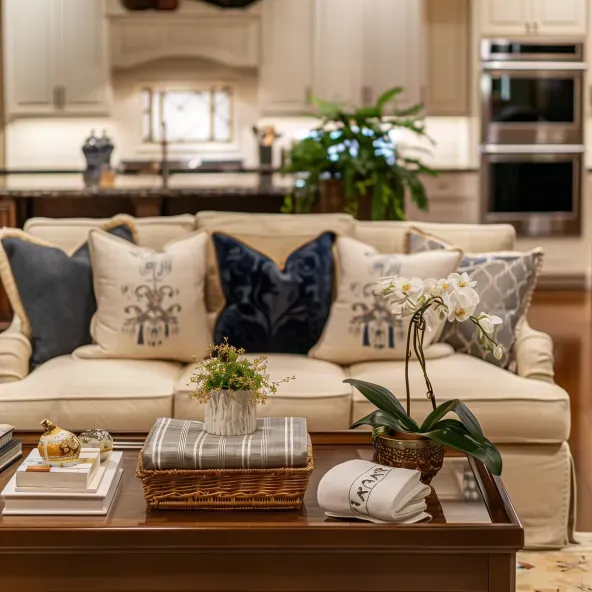 Elegant living room with modern furniture and a fully equipped kitchen in the background, showcasing tailored living amenities for comfort and convenience in Corporate Haven’s midterm rentals.