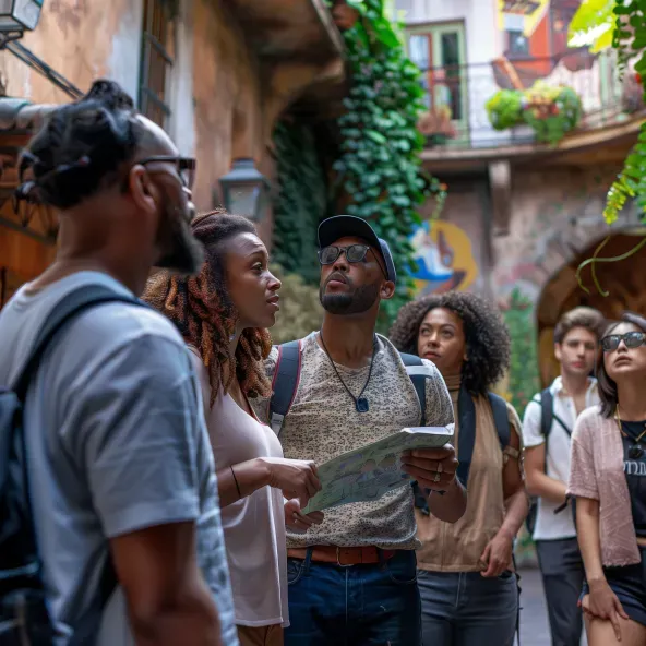 A group of people on a walking tour, exploring the local neighborhood, representing Corporate Haven’s local expertise in providing midterm rentals in prime Cleveland locations.