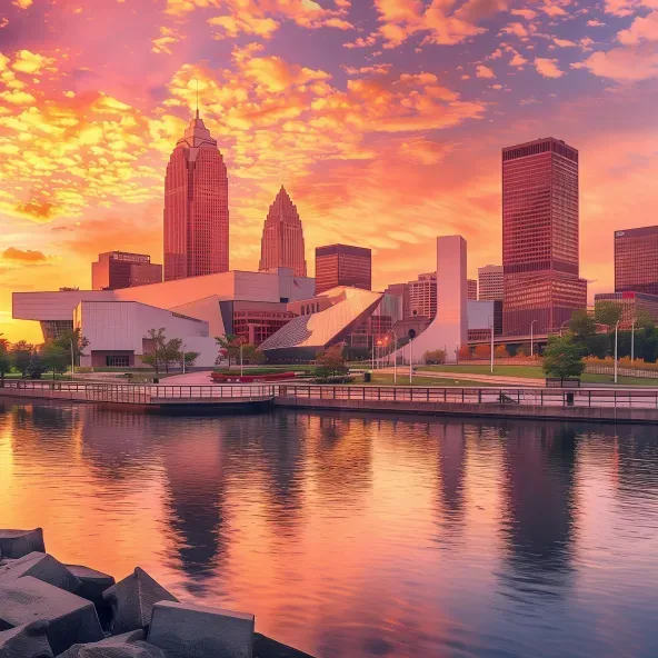 Scenic view of the Cleveland skyline, lakefront, and iconic museum, showcasing the beauty of the city’s landmarks near Corporate Haven’s midterm rental locations.