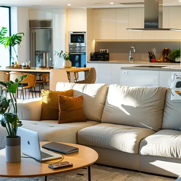 Bright, inviting living room with modern furniture and a fully equipped kitchen visible in the background, showcasing Corporate Haven’s comfortable and functional mid-term rentals.