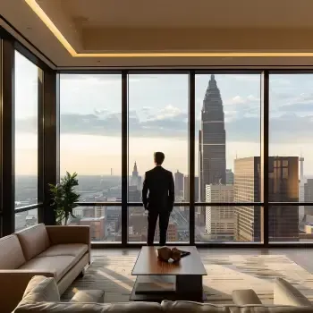 Professionally dressed individual standing in a modern, fully furnished apartment, looking out at the city skyline through large windows, showcasing comfort and convenience in corporate housing.