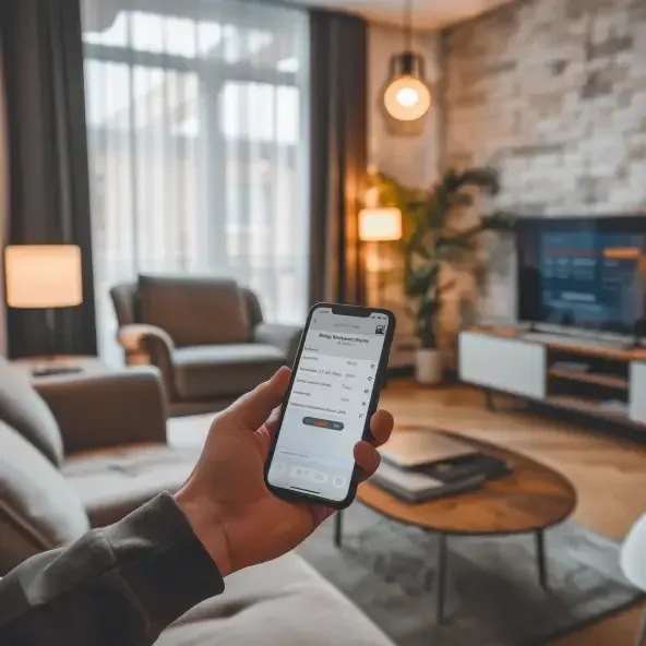 Hand holding a smartphone displaying a booking confirmation, or a laptop with a contact form, with a welcoming apartment in the background, illustrating the ease of booking and contacting Corporate Haven.