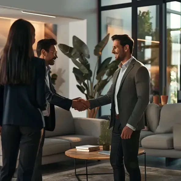 Professional team interacting with a happy customer in a modern office, showcasing the values of customer satisfaction, integrity, and quality service at Corporate Haven.