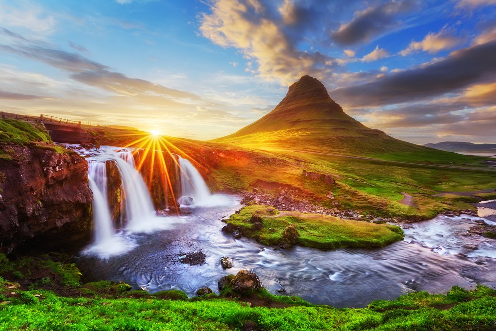 A powerful Icelandic waterfall cascading down sharp cliffs