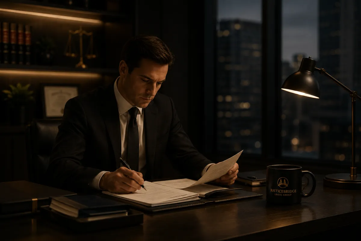 Legal professionals conducting a case assessment in a high-end Dallas office.
