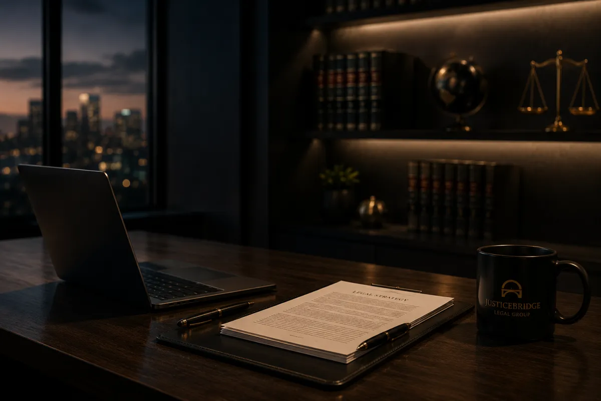 A lawyer communicating clearly with a client, captured in cinematic, warm lighting.