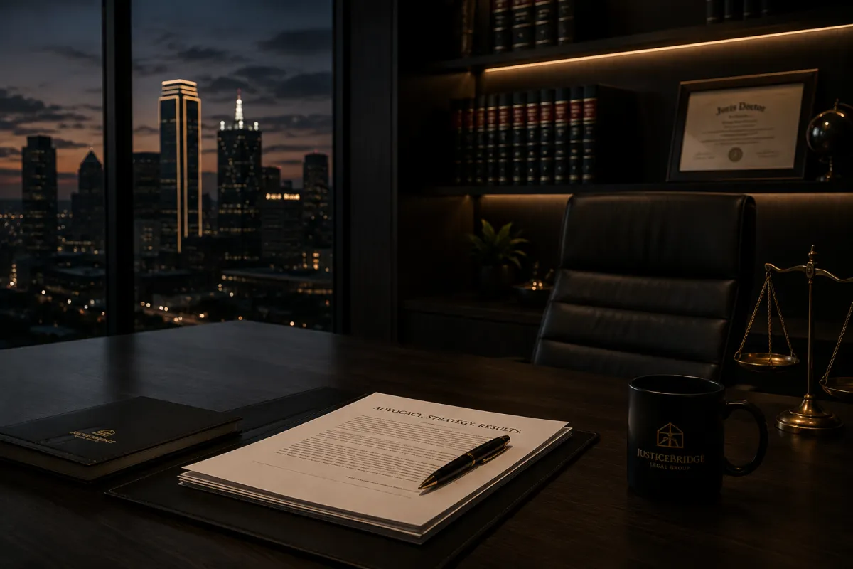 A dedicated legal advocate standing firmly in a modern, architectural courthouse setting.