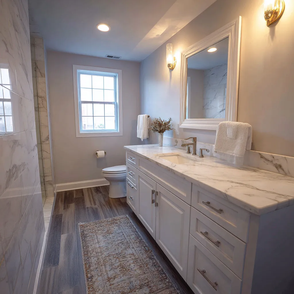 Luxury kitchen renovation with marble island, pendant lighting, and white cabinetry designed by Dream Design Building Group