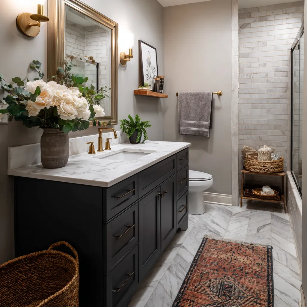 Bathroom remodel with white vanity, modern fixtures, and walk in shower by Dream Design Building Group Jacksonville