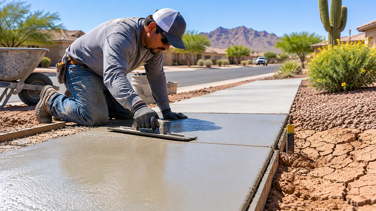 Concrete contractor using a spirit level to inspect an uneven sidewalk slab in a desert residential neighborhood, illustrating sidewalk lifting and shifting caused by expansive clay soil in Goodyear, AZ.