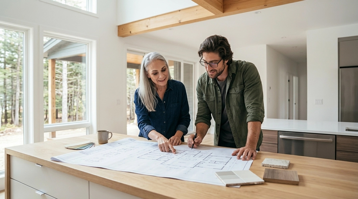 A man and a women reviewing design plans for a renovation