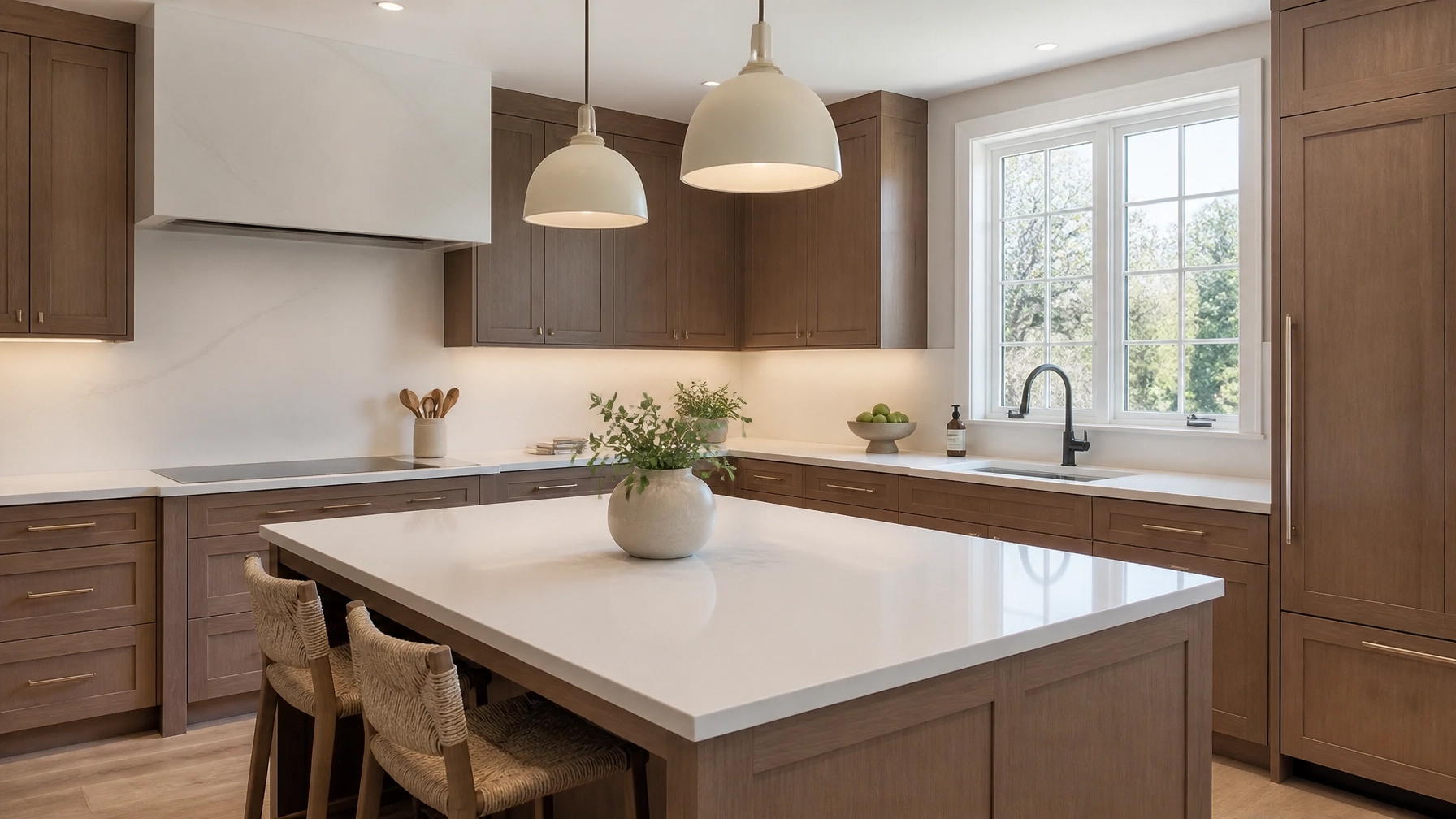 Modern luxury kitchen in New Hampshire featuring walnut cabinetry and matte quartz countertops for a low-maintenance 2026 aesthetic