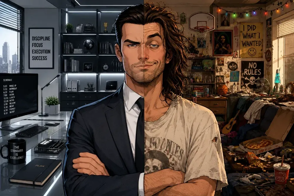 A split portrait of one man divided between a strict corporate perfectionist side and a messy carefree slacker side, illustrating the balance of taking it easy without checking out.