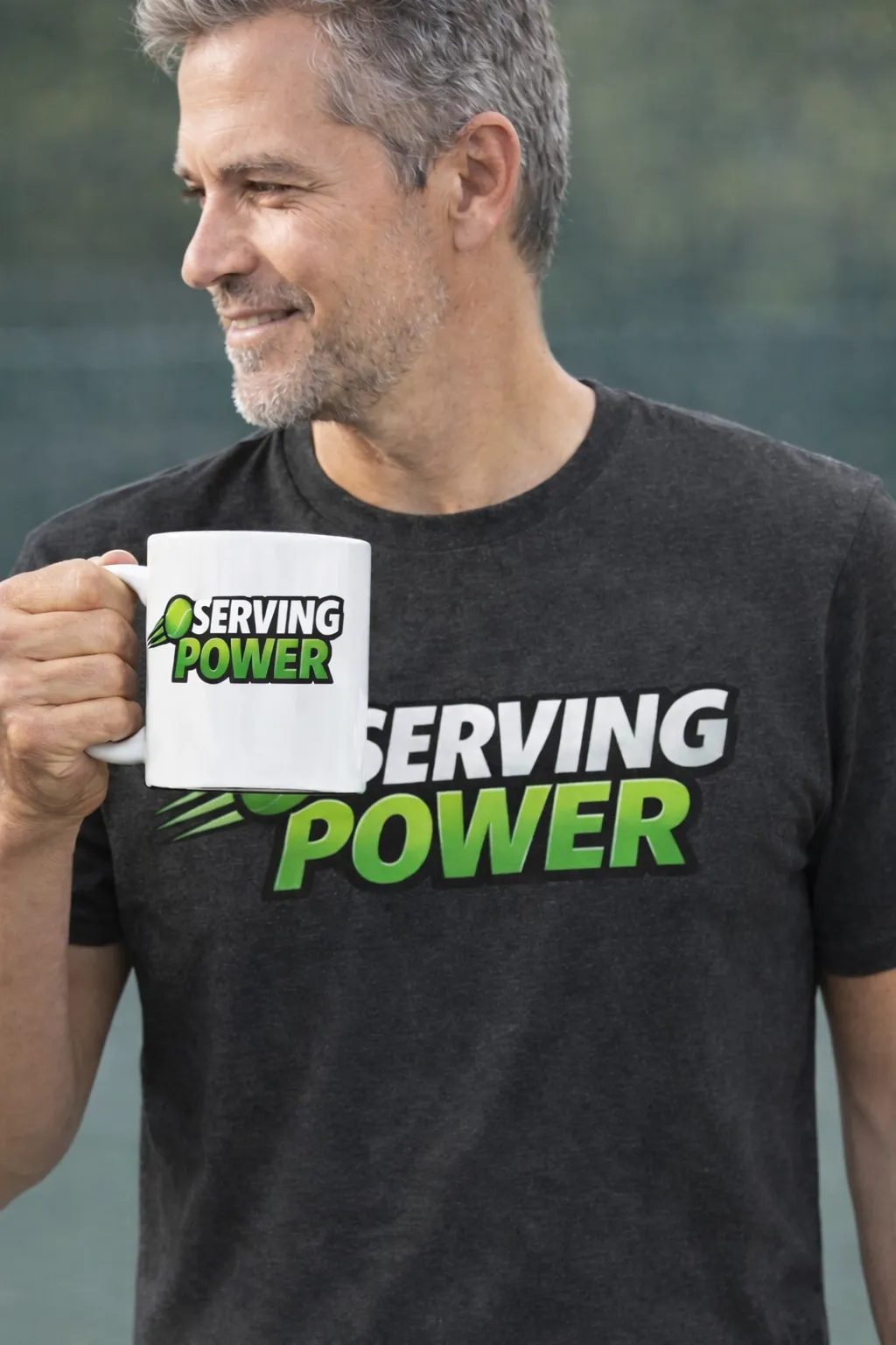 Senior laughing holding the Living My Best Life mug outdoors