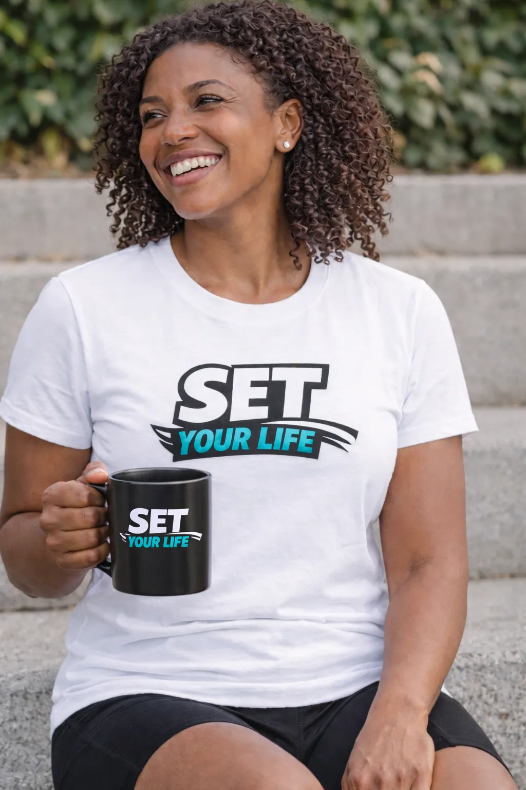 Active senior enjoying coffee with the Stronger, Wiser, Better mug