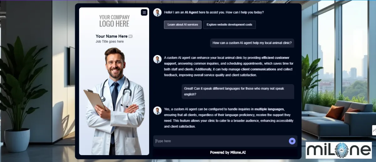 Milone AI Live Agent Standalone Chat Example Non Branded AI Live Chat Image Full Screen Screenshot