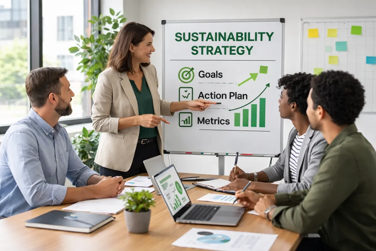 Consultant presenting sustainability strategy to a small business team.
