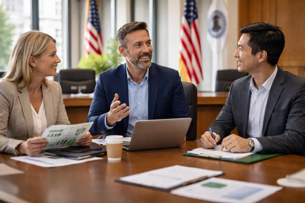 Public sector professionals meeting in a government conference room.