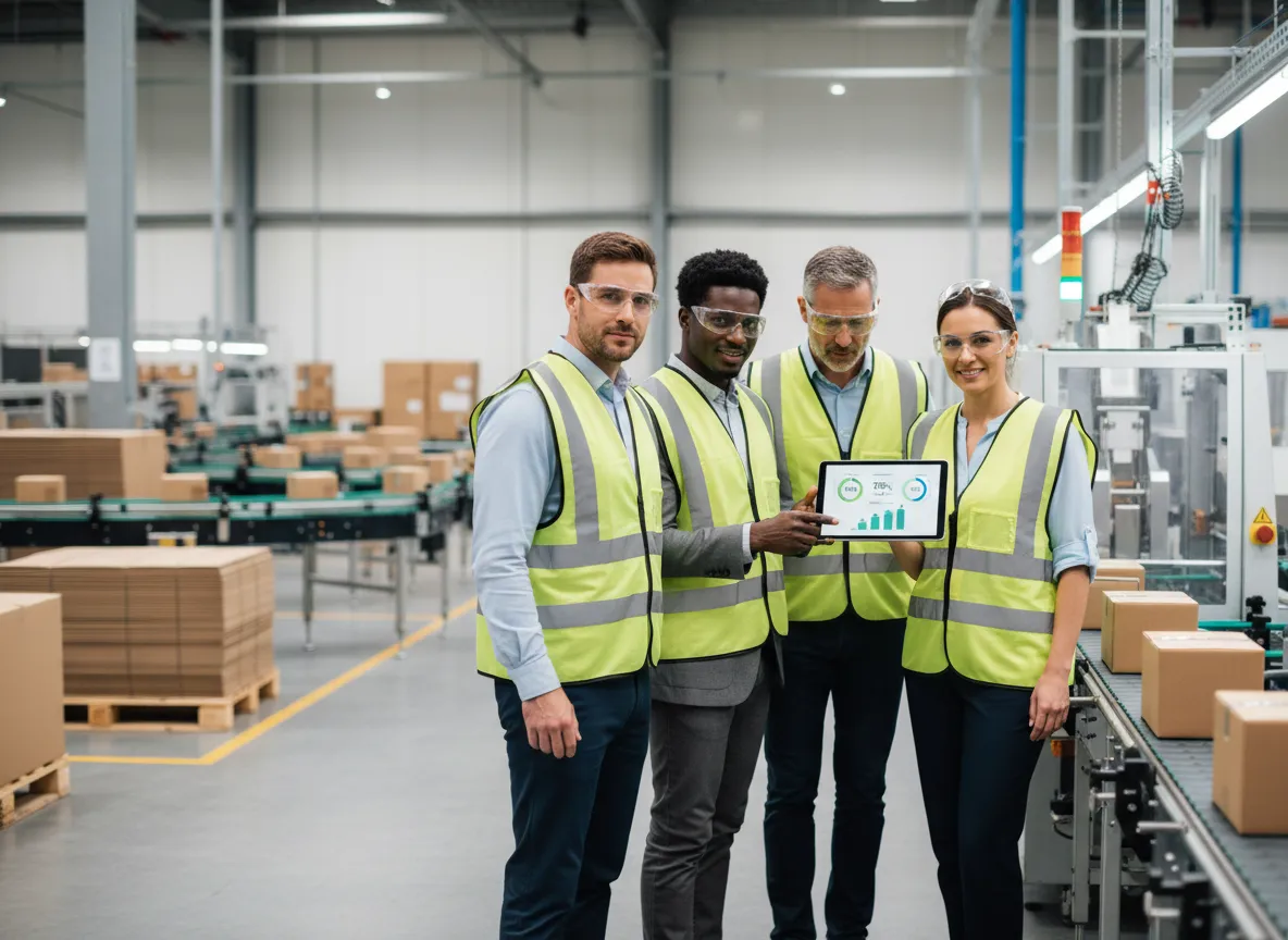Team reviewing sustainability metrics in a modern office meeting.