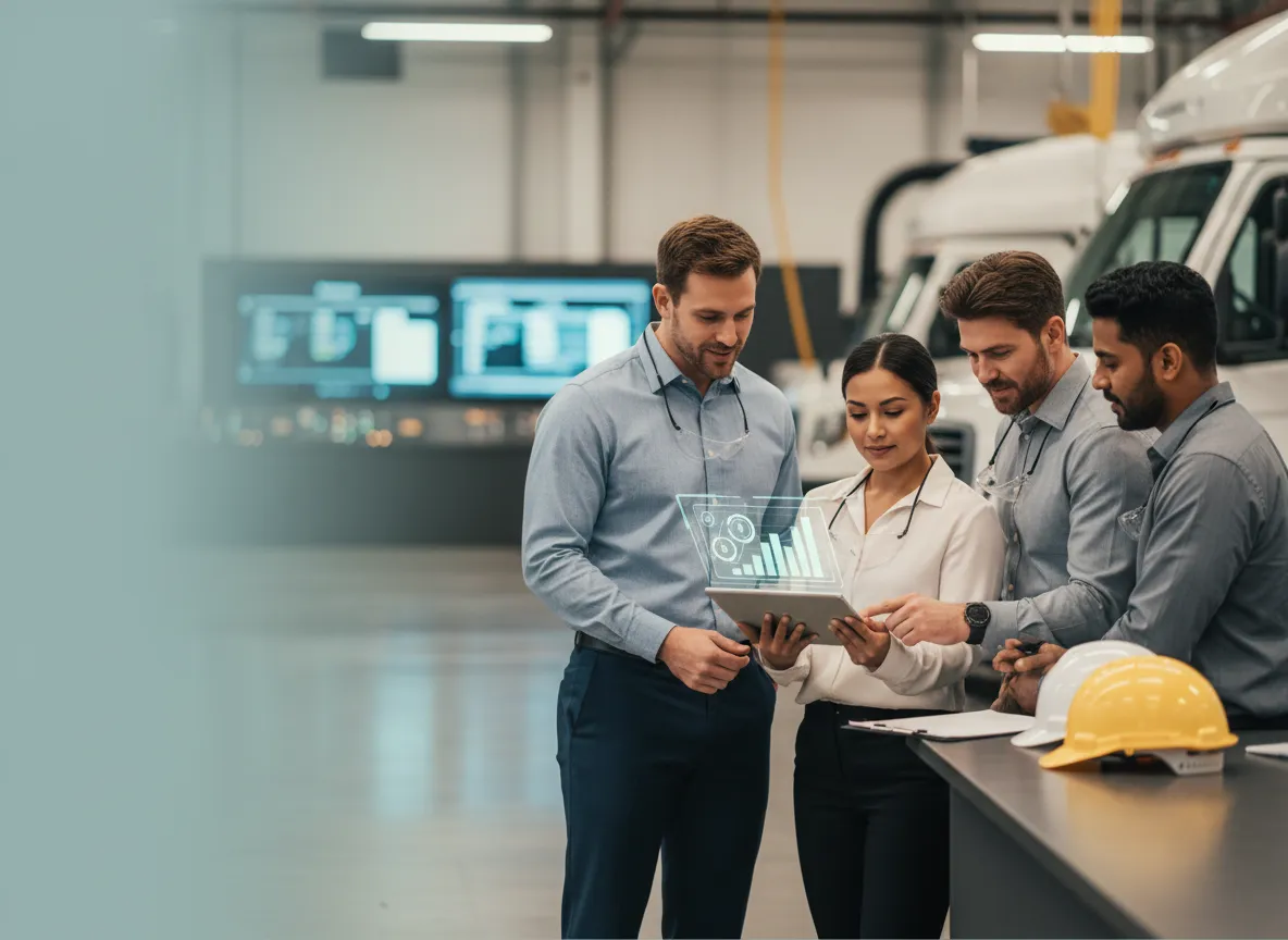 Two business leaders reviewing a sustainability certification summary report together.