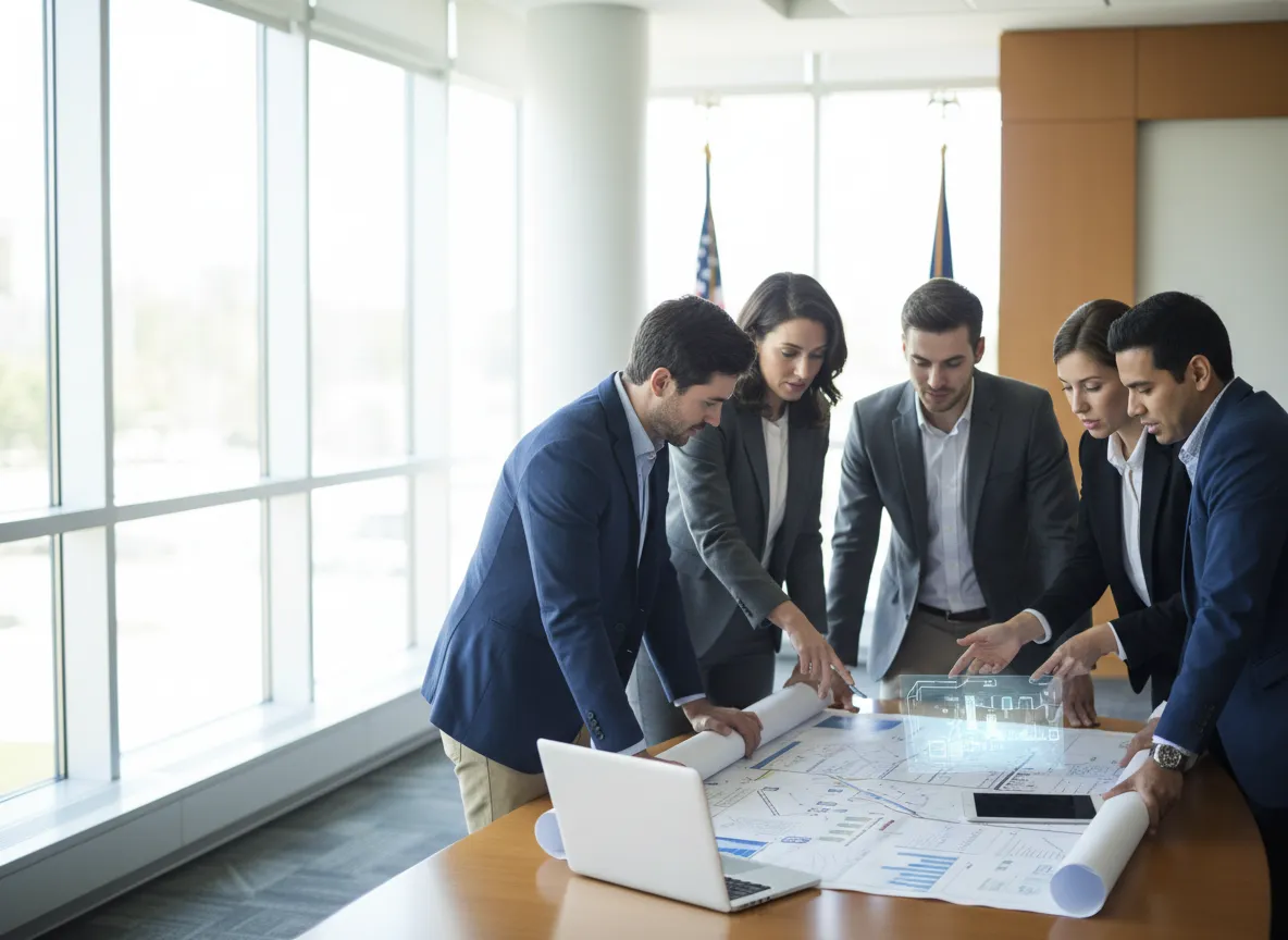 Municipal professionals reviewing sustainability planning documents.