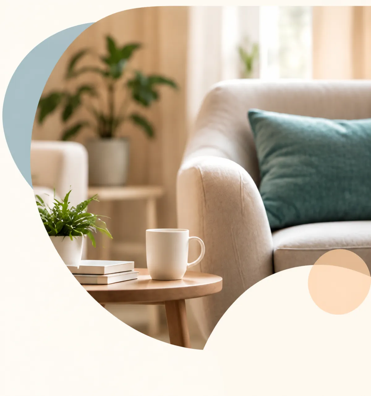 Cozy living room interior with a beige armchair, wooden coffee table, white mug, and small potted plant. Natural light from a window.
