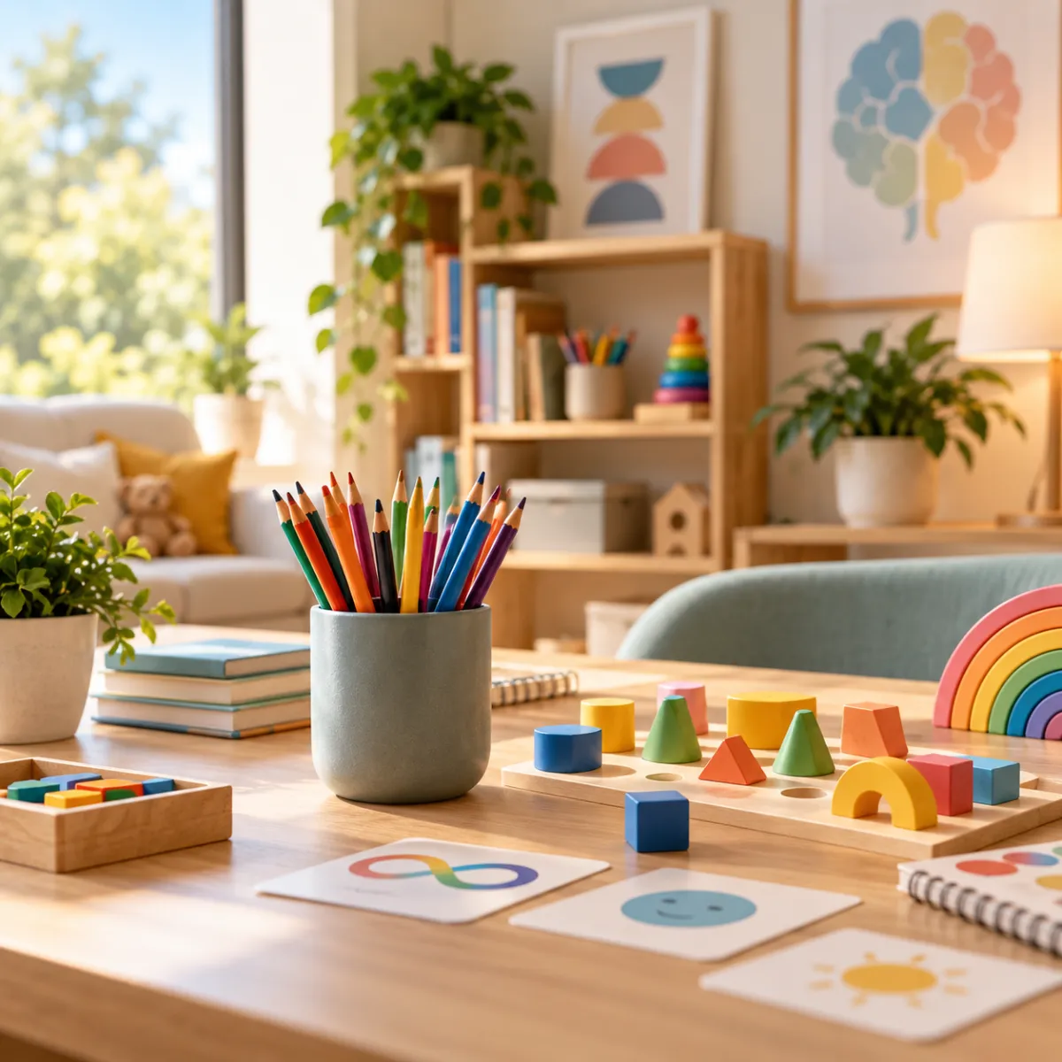 Pencils in a cup on a desk.