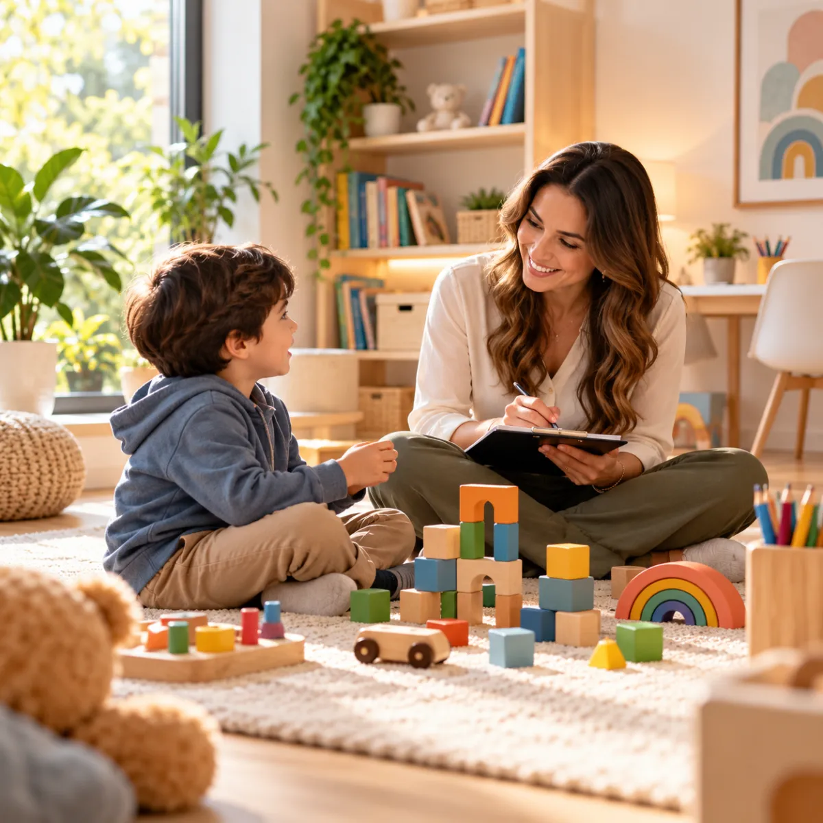 Wooden stacking blocks on a table with a plant.