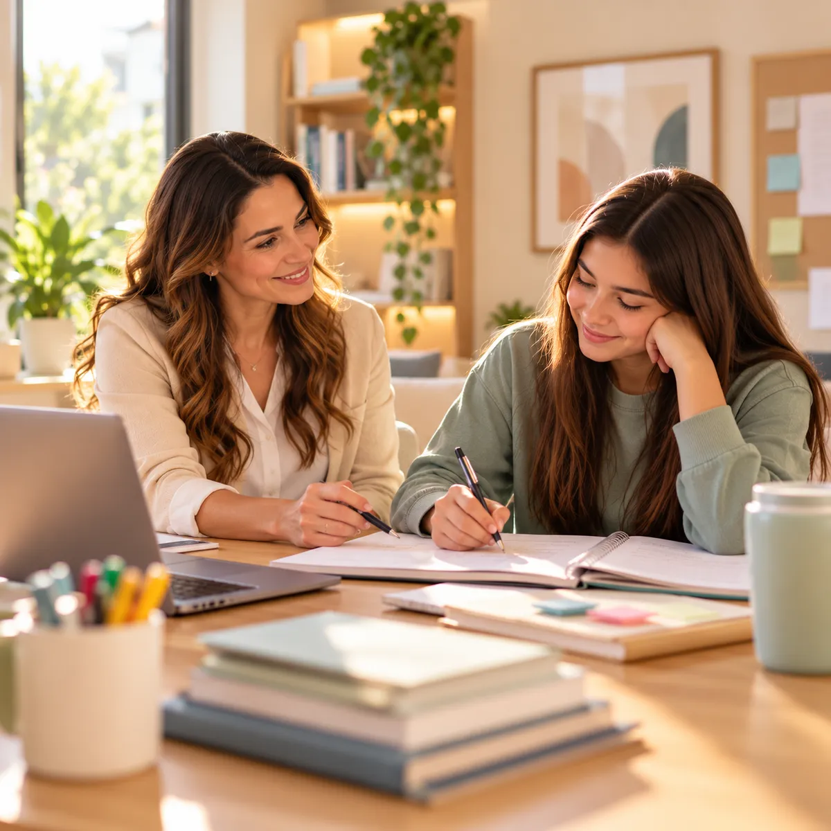 Notebook, pen, and a cup on a wooden desk with a plant in the background.