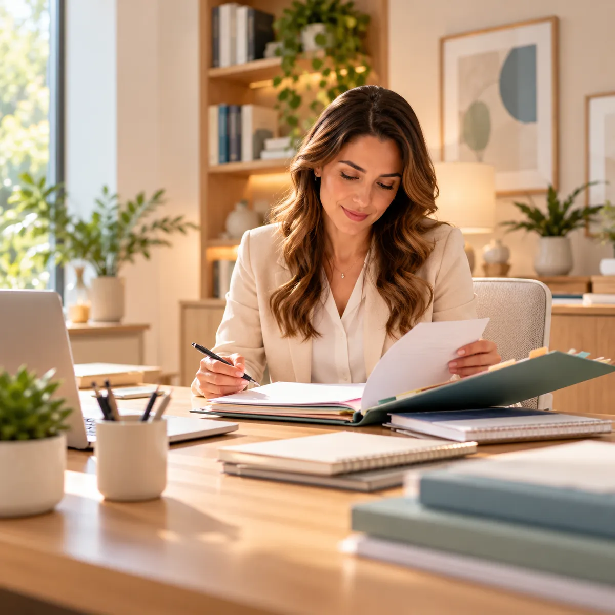Notebook, pen, and a cup on a wooden desk with a plant in the background.