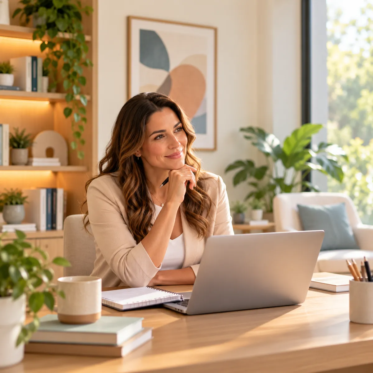 Notebook, pen, and a cup on a wooden desk with a plant in the background.