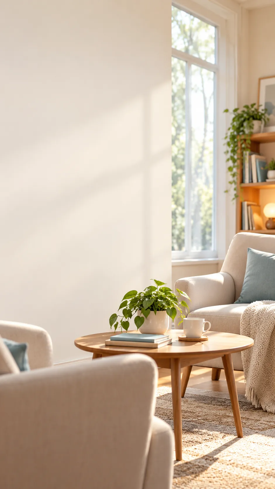 Cozy living room interior with a beige armchair, wooden coffee table, white mug, and small potted plant. Natural light from a window.