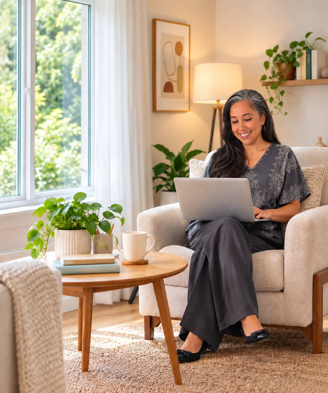 Cozy living room interior with a beige armchair, wooden coffee table, white mug, and small potted plant. Natural light from a window.