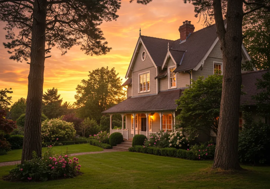 House on a hill at sunset with grassy field.