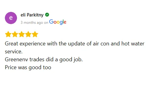 Customer review praising GreenEnv for excellent service and professional air conditioning installation
