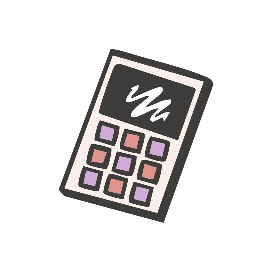 Cute hand-drawn calculator icon with purple and red buttons, ideal for bookkeeping for CEO moms.