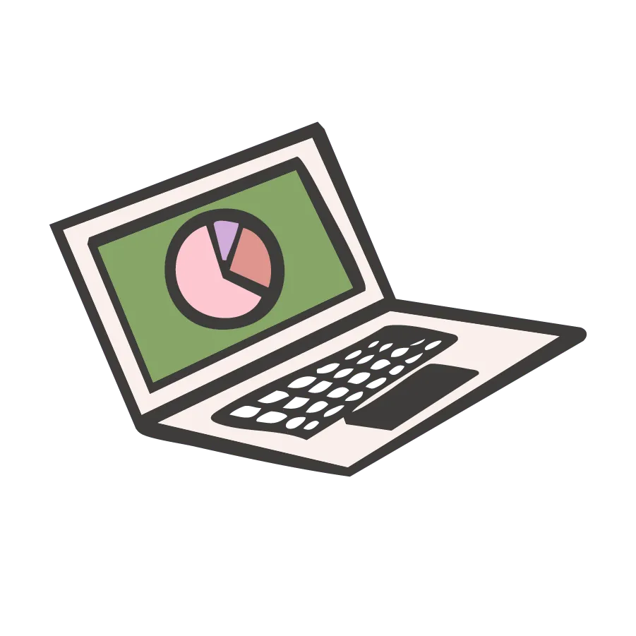 Cartoon laptop on a black background displaying a colorful pie chart for bookkeeping for CEO moms.