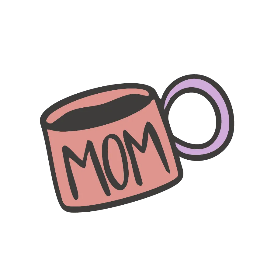 Pink illustrated mug with "MOM" text and purple handle, symbolizing bookkeeping for CEO moms.
