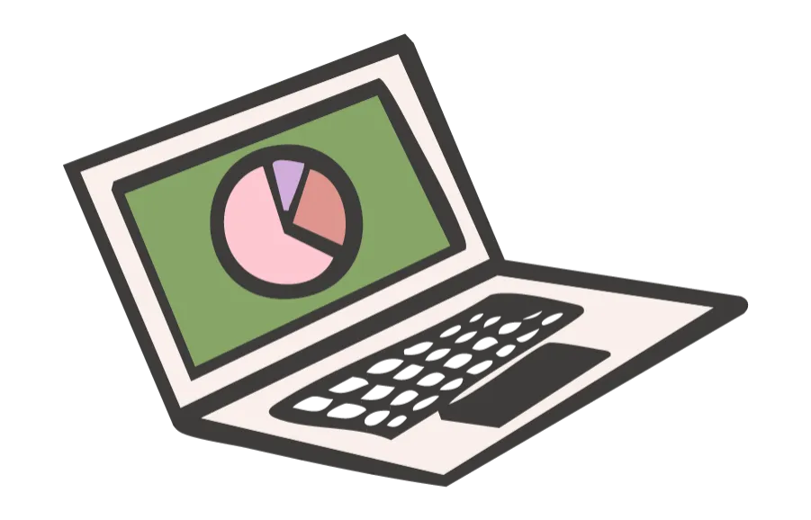 Illustrated laptop displaying a colorful pie chart representing Berkeley County VW bookkeeper data on a green screen.