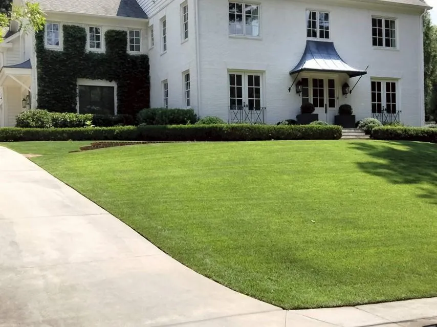 Front lawn with crisp lines, trimmed bushes, and vibrant green grass in a residential Atlanta home