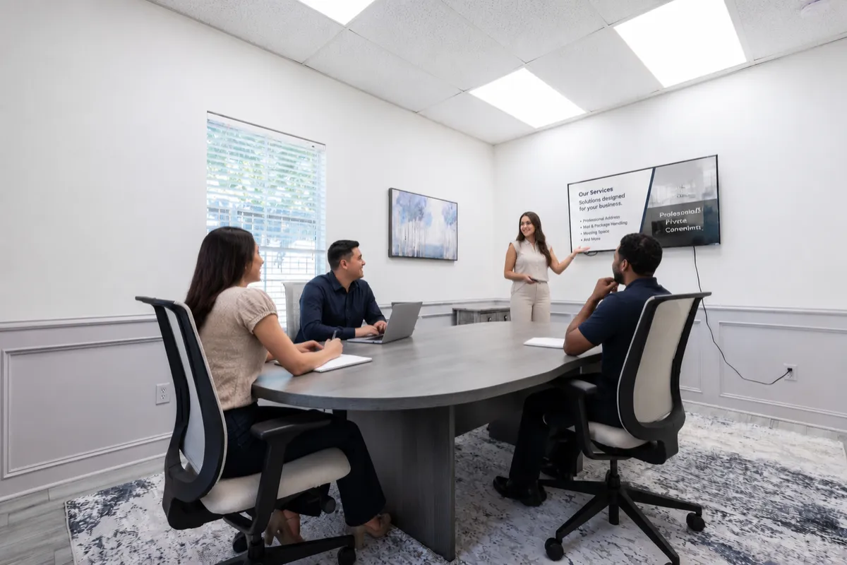 Modern business lounge meeting room with professionals collaborating