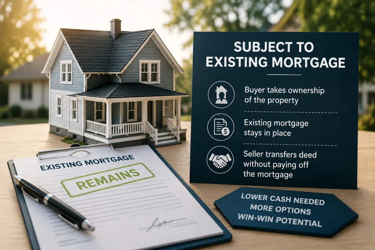 Minimalist real estate infographic showing a house between a seller icon and an existing mortgage icon, connected by a transfer arrow, with a payment responsibility shield symbol on a clean white background.
