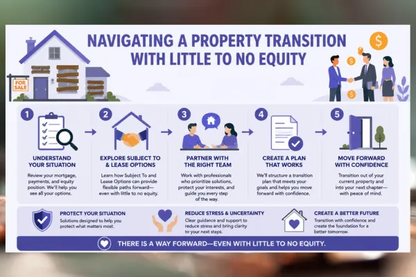 Wide infographic banner illustrating a homeowner transition journey with little to no equity, featuring a distressed house, consultation and agreement icons, Subject To and Lease Option concepts, and a step-by-step path toward moving forward with confidence in a clean purple flat-vector design.