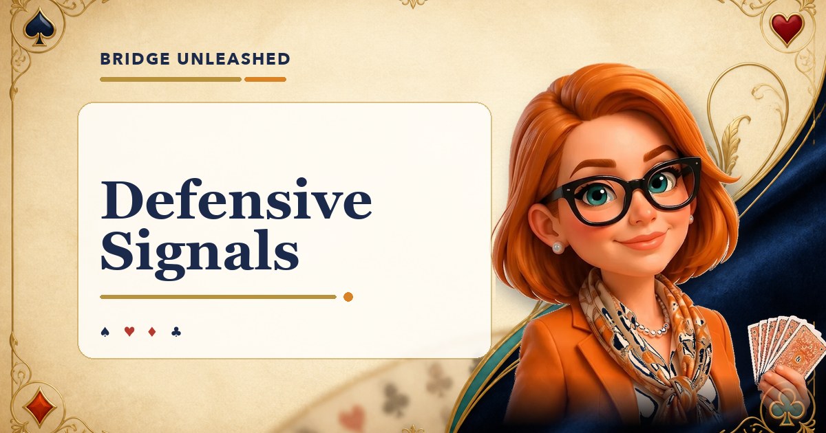 Bridge Unleashed guide to defensive signals with Tracey Bauer's avatar.