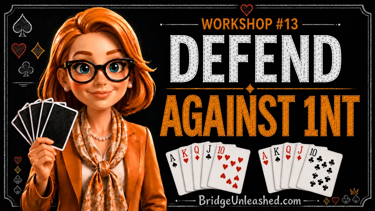 Bridge Unleashed Workshop 13: Defend Against 1NT, covering DONT, Cappelletti, and Woolsey, with Tracey Bauer.
