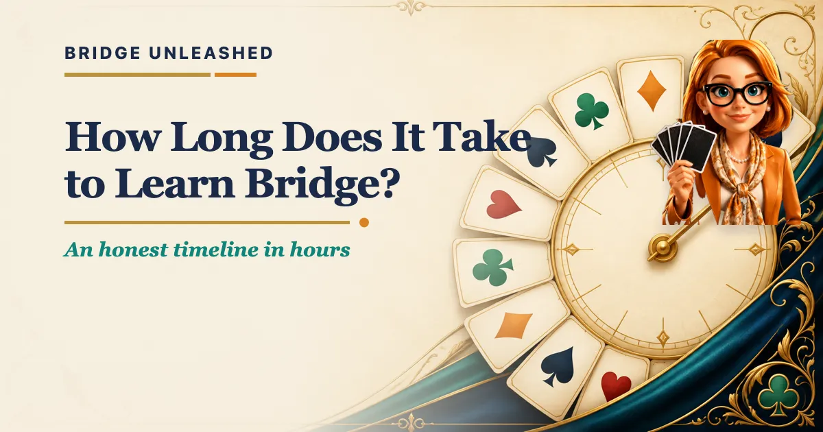 Bridge Unleashed guide to how long it takes to learn bridge, with Tracey Bauer's avatar.