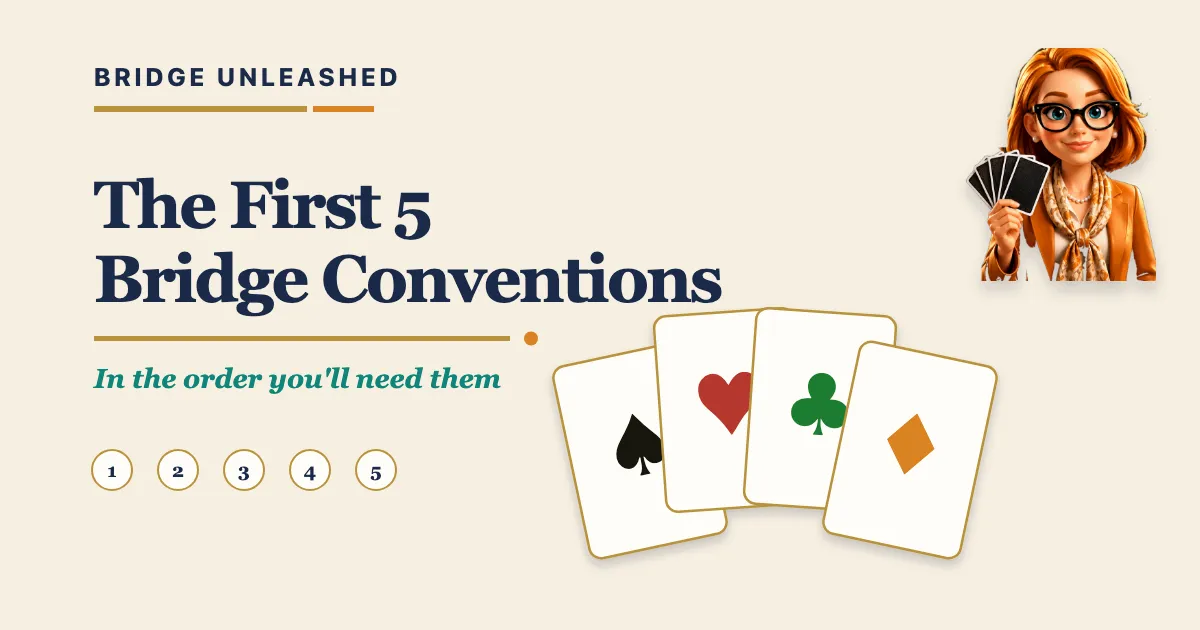Bridge Unleashed guide to the first five bridge conventions to learn, in order, with Tracey Bauer's avatar.